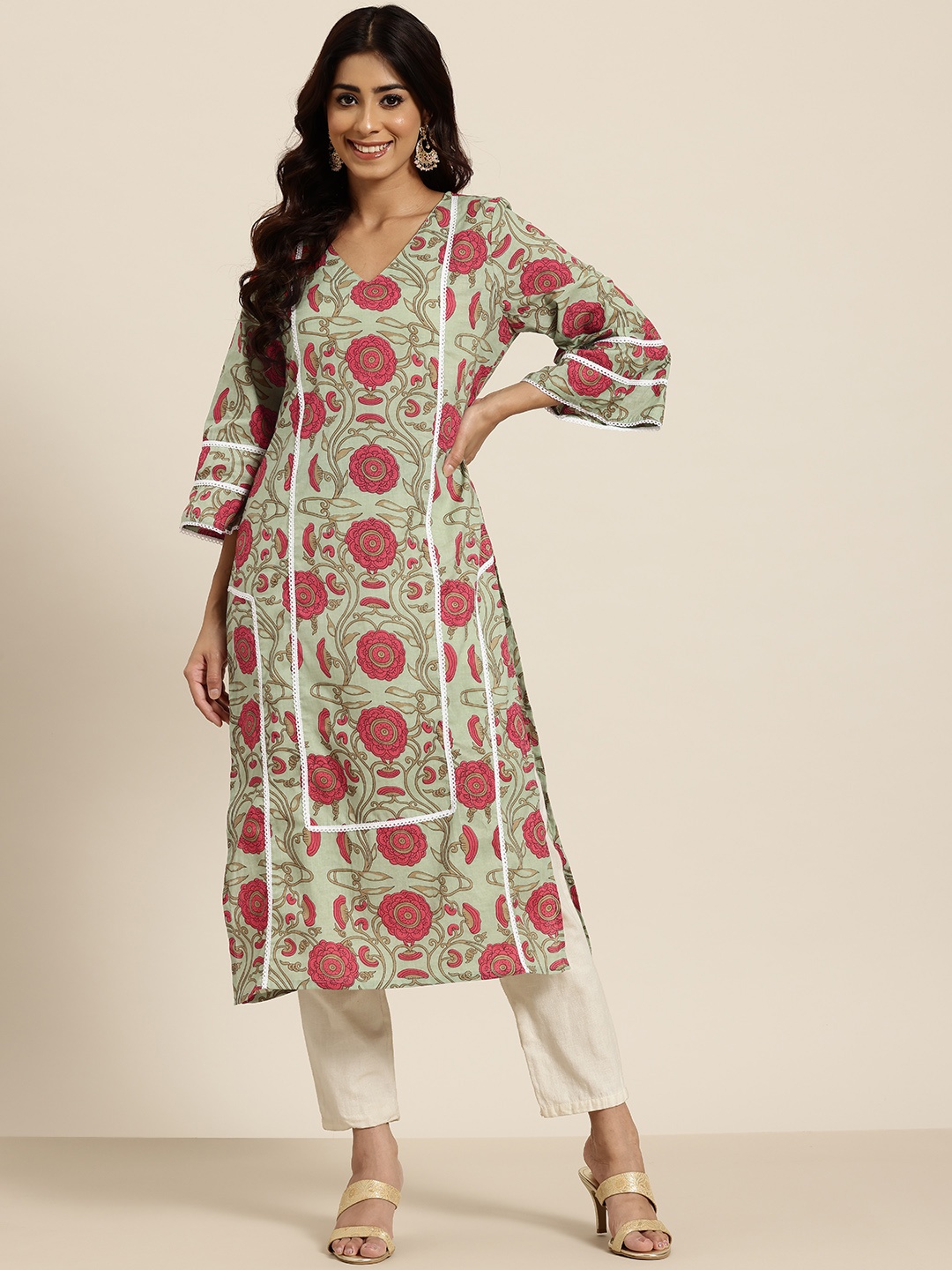 

HERE&NOW Women Pure Cotton Indie Florals Kurta, Green