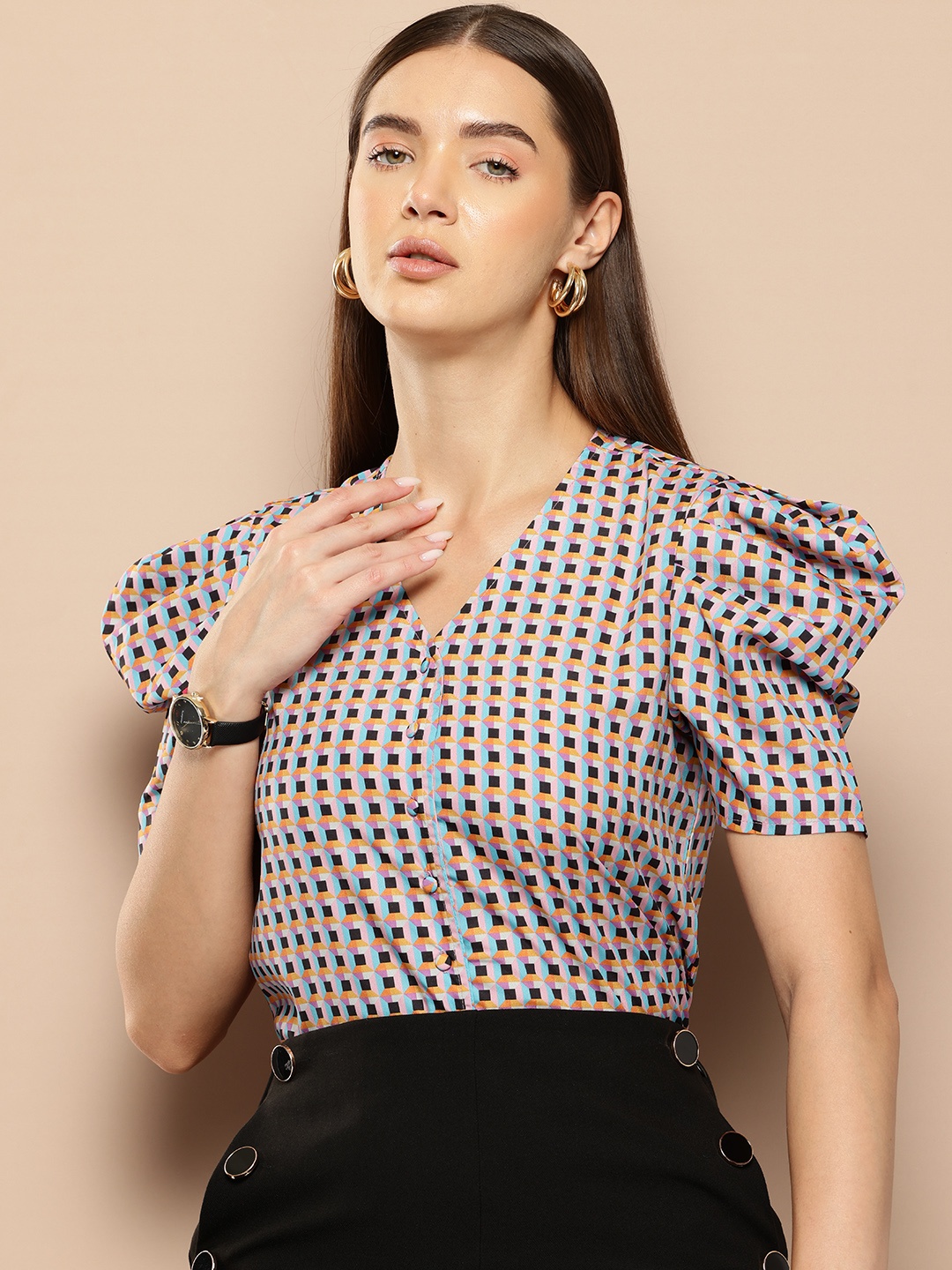 

Chemistry Printed Puff Sleeves Top, Black