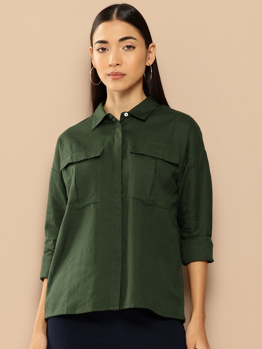 Chemistry Oversized Fit Cotton Linen Shirt, Olive