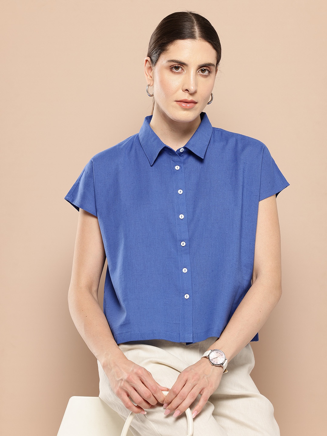 

Chemistry Button Down Extended Sleeves Cotton Linen Shirt, Blue