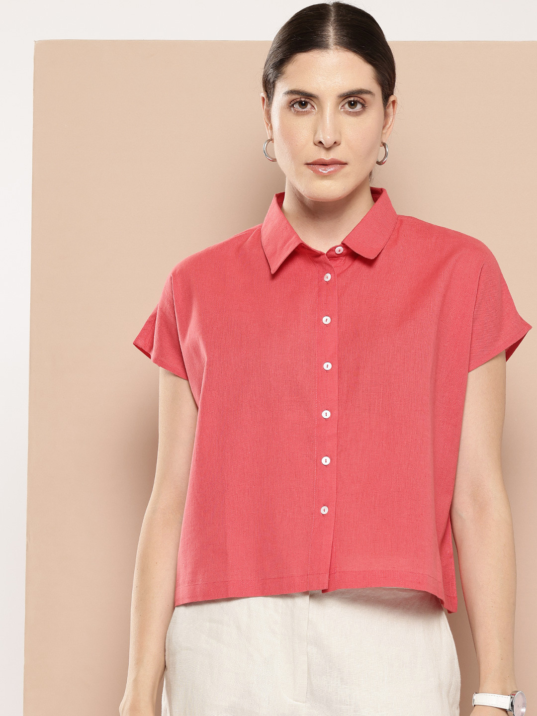 

Chemistry Button Down Extended Sleeves Cotton Linen Shirt, Peach