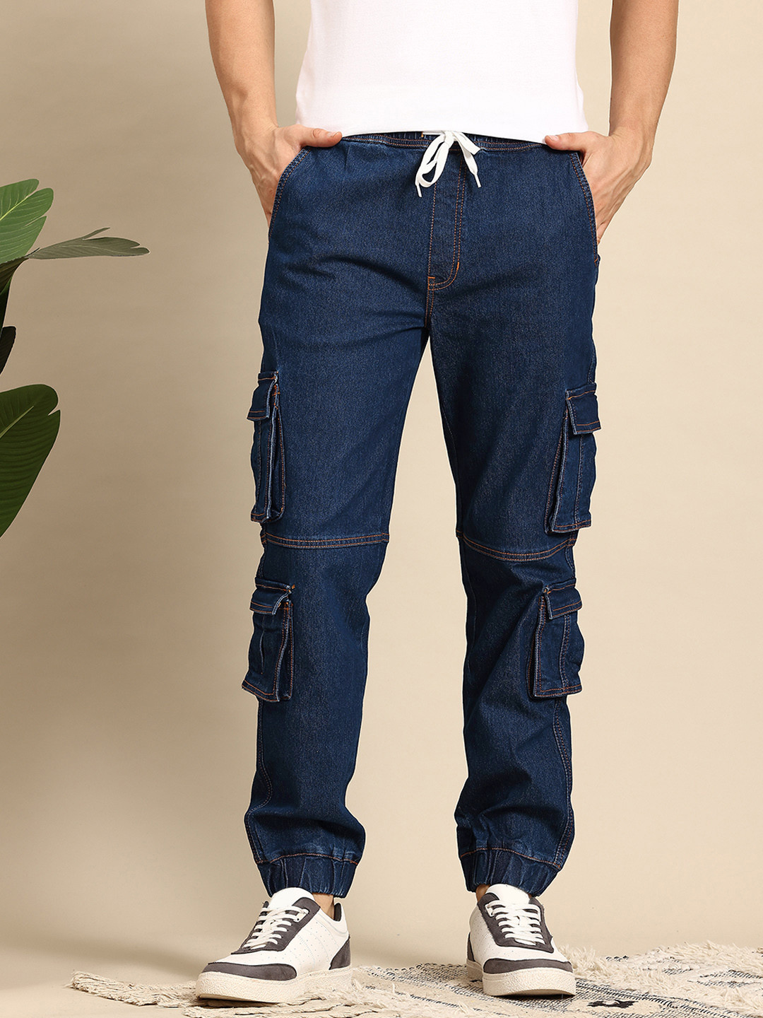 

Mast & Harbour Men Stretchable Cargo Style Jeans, Blue