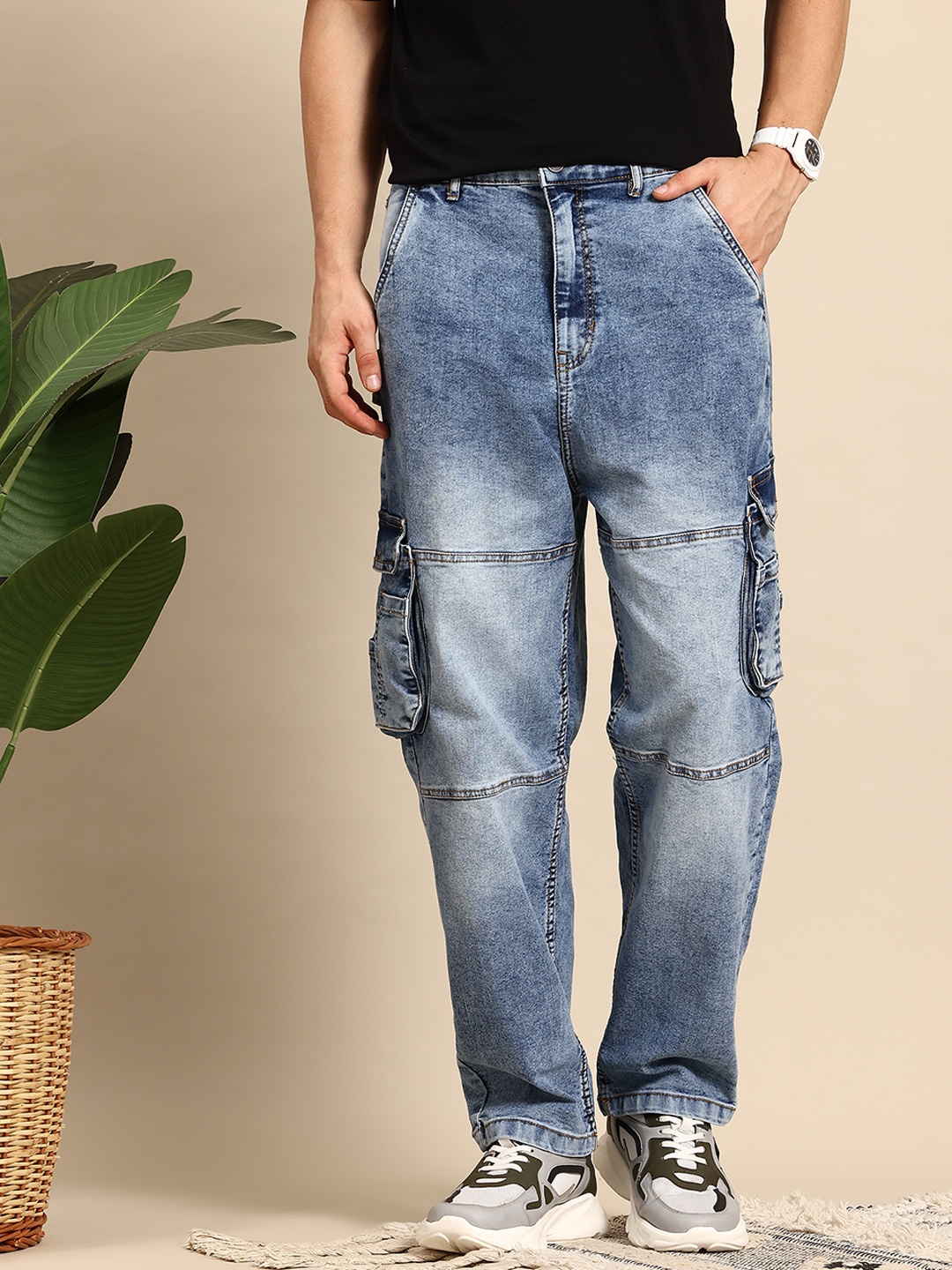 

Mast & Harbour Men Stretchable Cargo Style Jeans, Blue