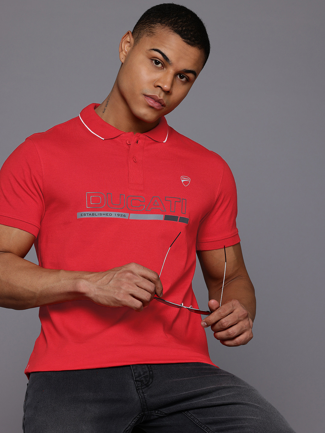 

Ducati Brand Logo Printed Polo Collar Pure Cotton T-shirt, Red