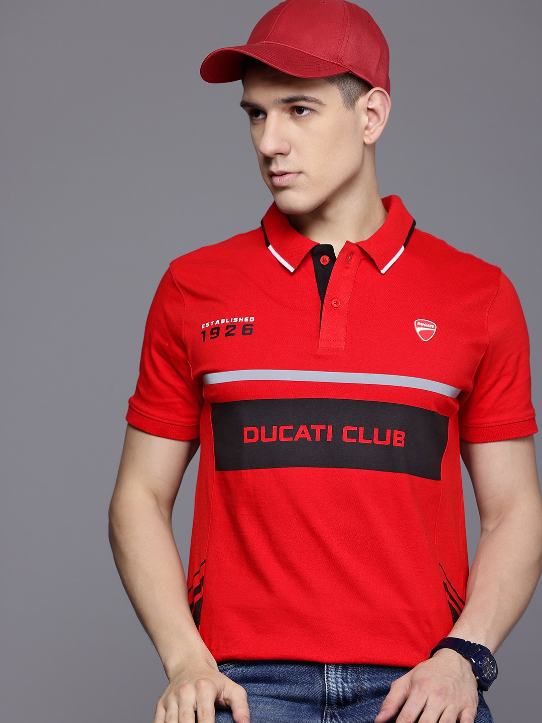 

Ducati Striped Polo Collar Pure Cotton T-shirt, Red