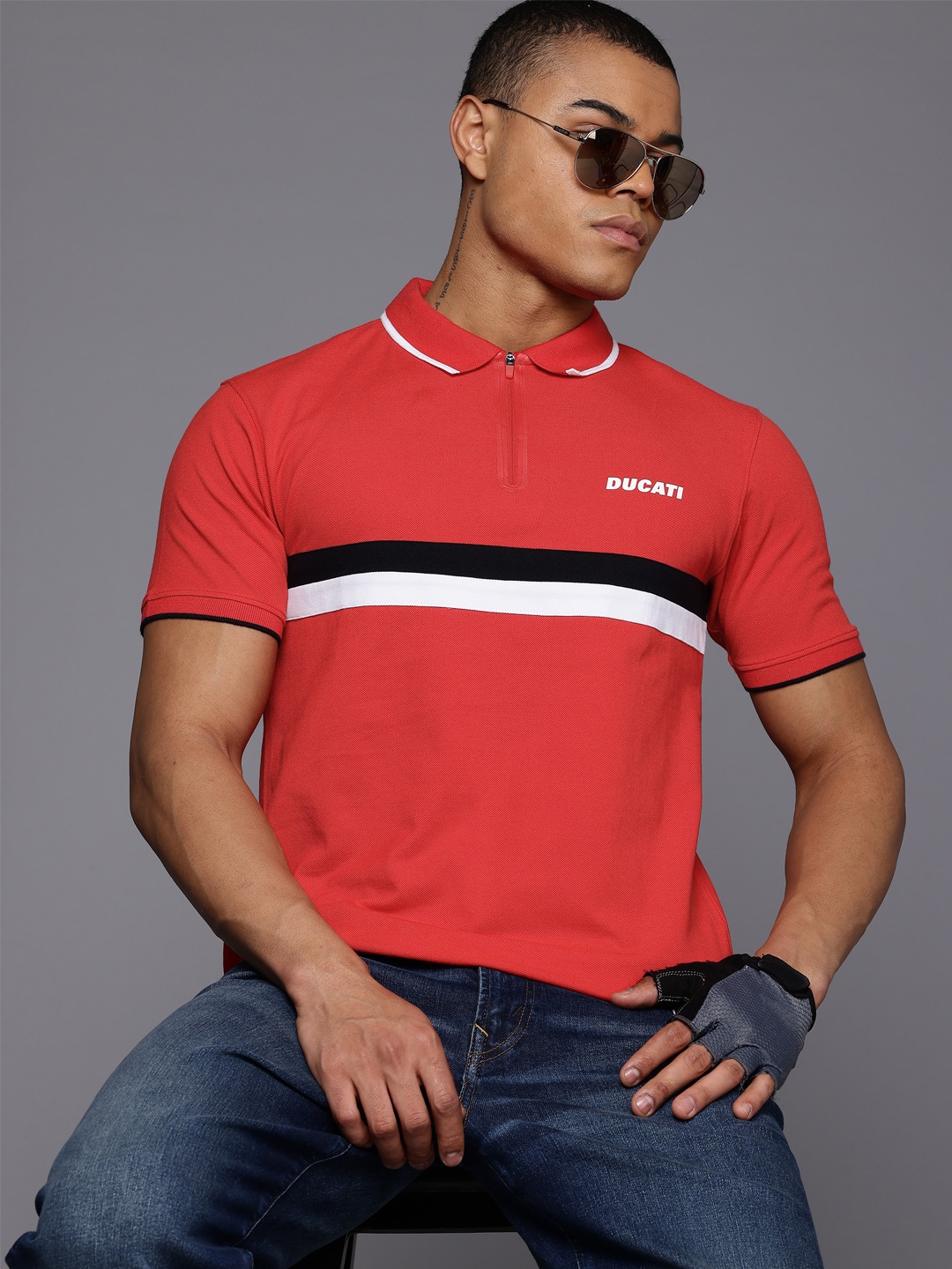 

Ducati Striped Pure Cotton Polo Collar T-shirt, Red