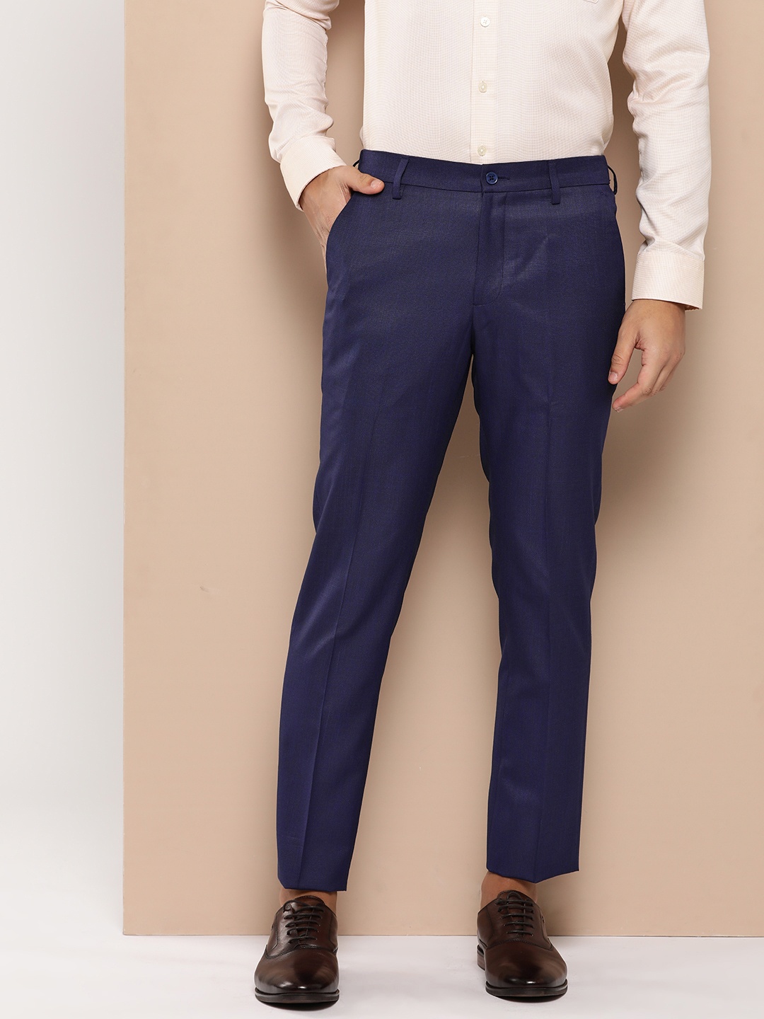 

INVICTUS Men Adjustable Waistband Slim Fit Formal Trousers, Navy blue