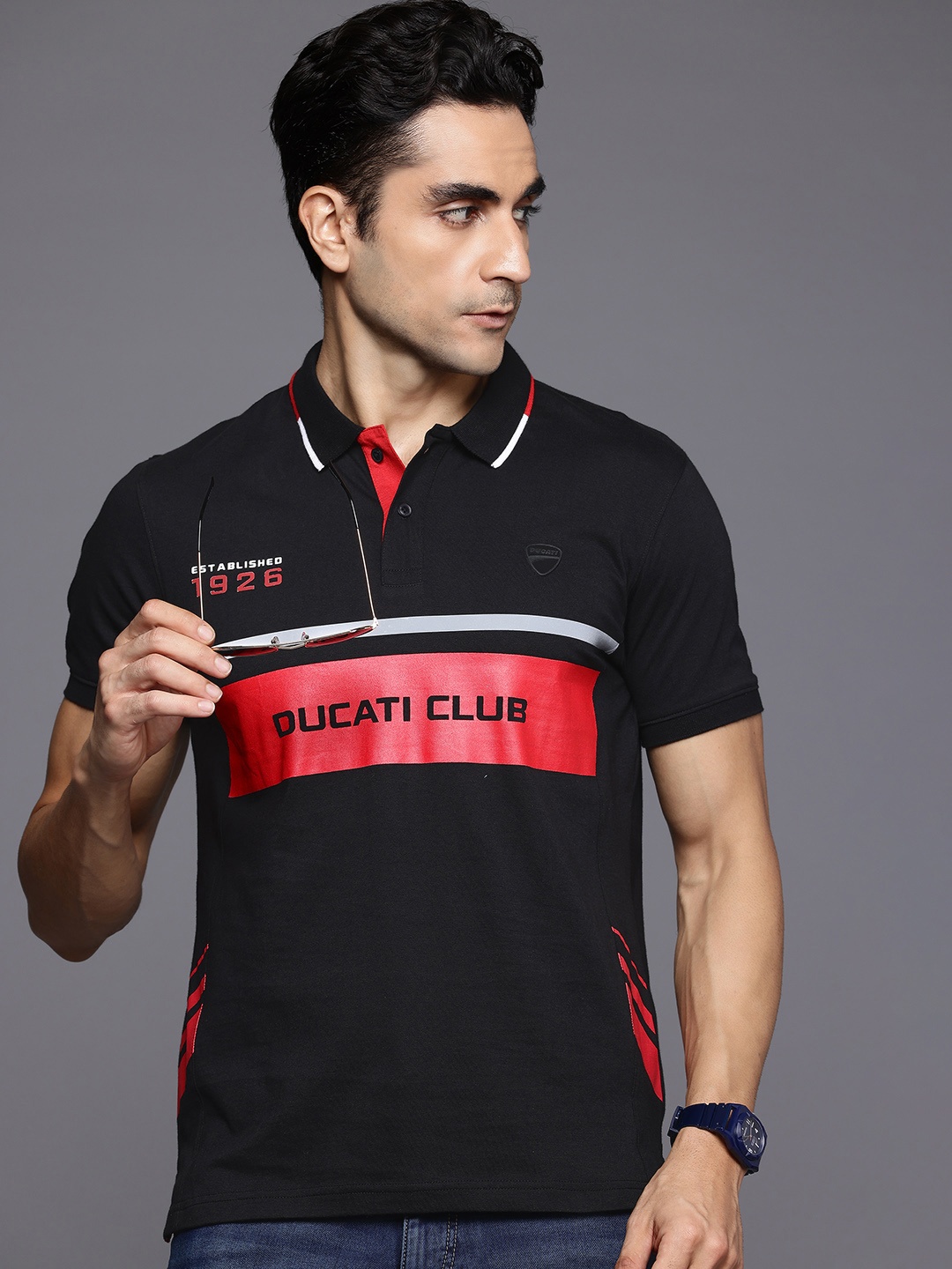 

Ducati Striped Polo Collar Pure Cotton T-shirt, Black