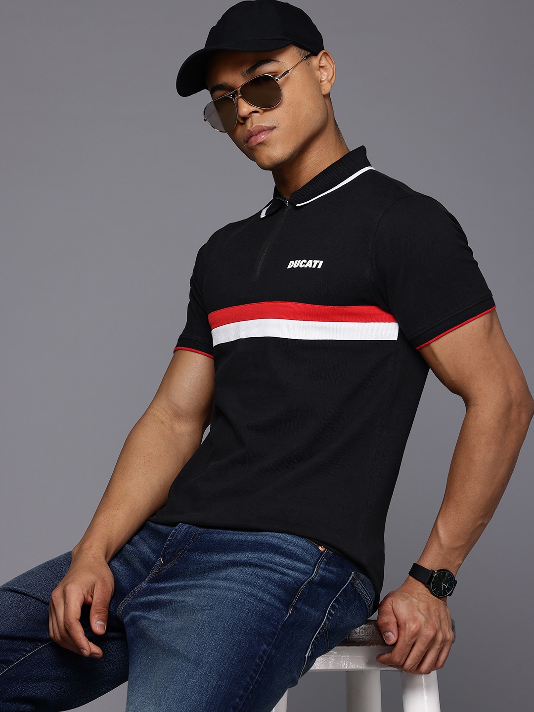 

Ducati Striped Pure Cotton Polo Collar T-shirt, Black