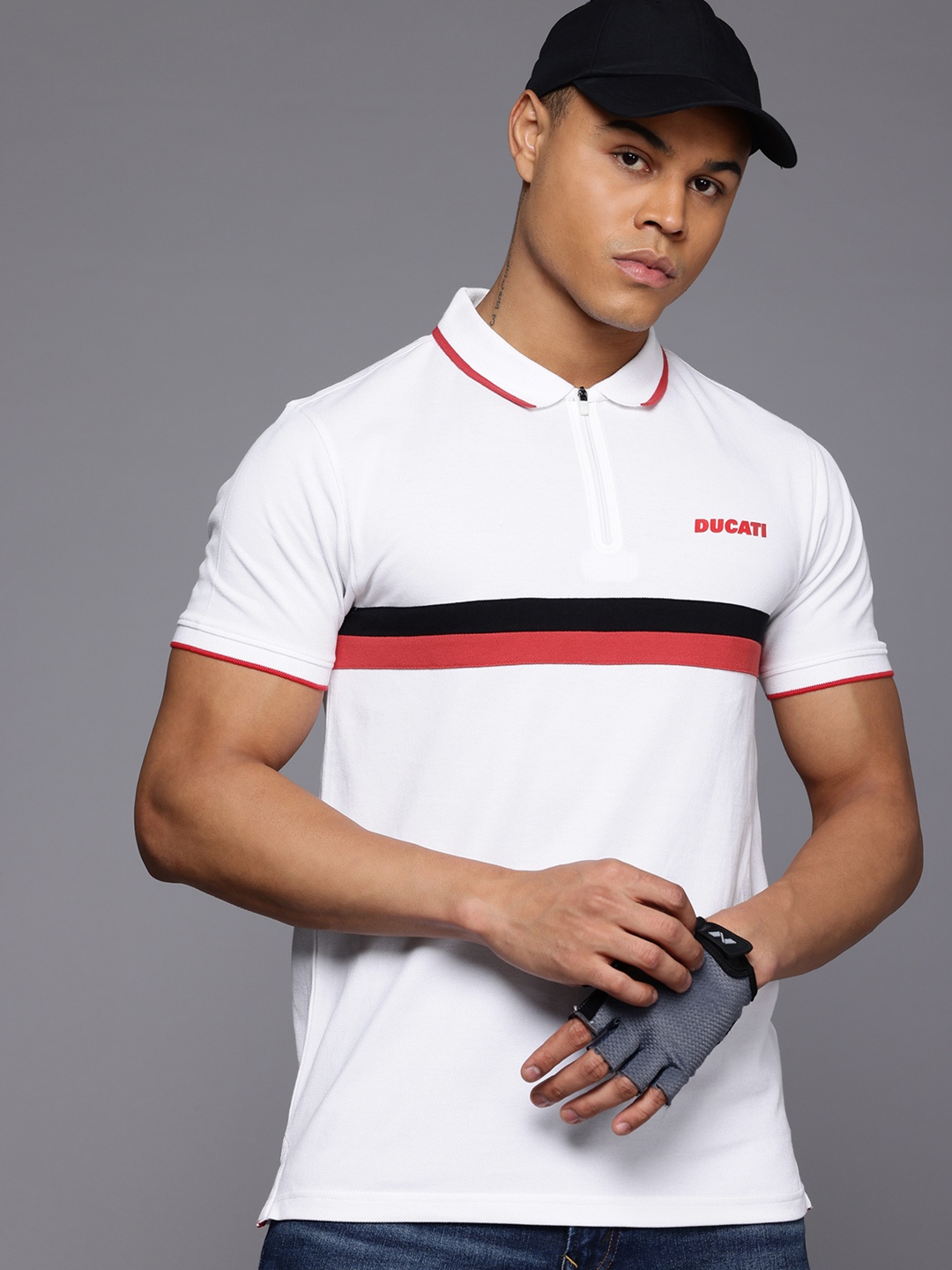 

Ducati Striped Pure Cotton Polo Collar T-shirt, White