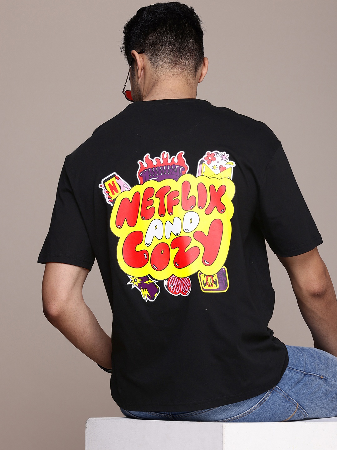 

WROGN X NETFLIX Typography Printed Drop-Shoulder Sleeves Pure Cotton Oversized T-shirt, Black