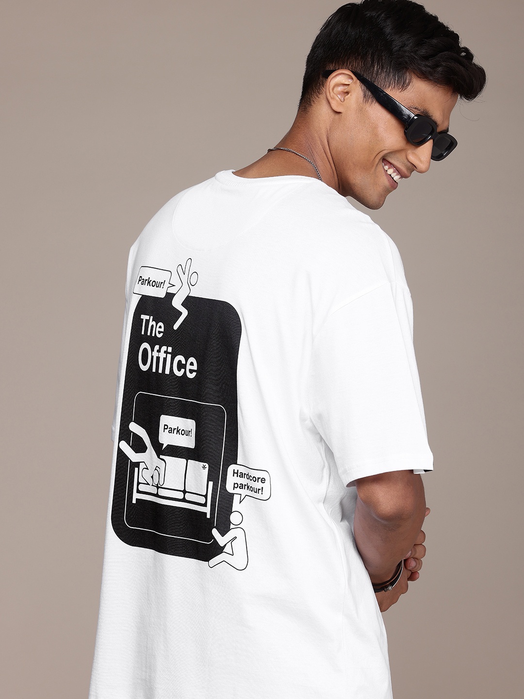 

WROGN X THE OFFICE Printed Drop-Shoulder Sleeves Pure Cotton Oversized T-shirt, White