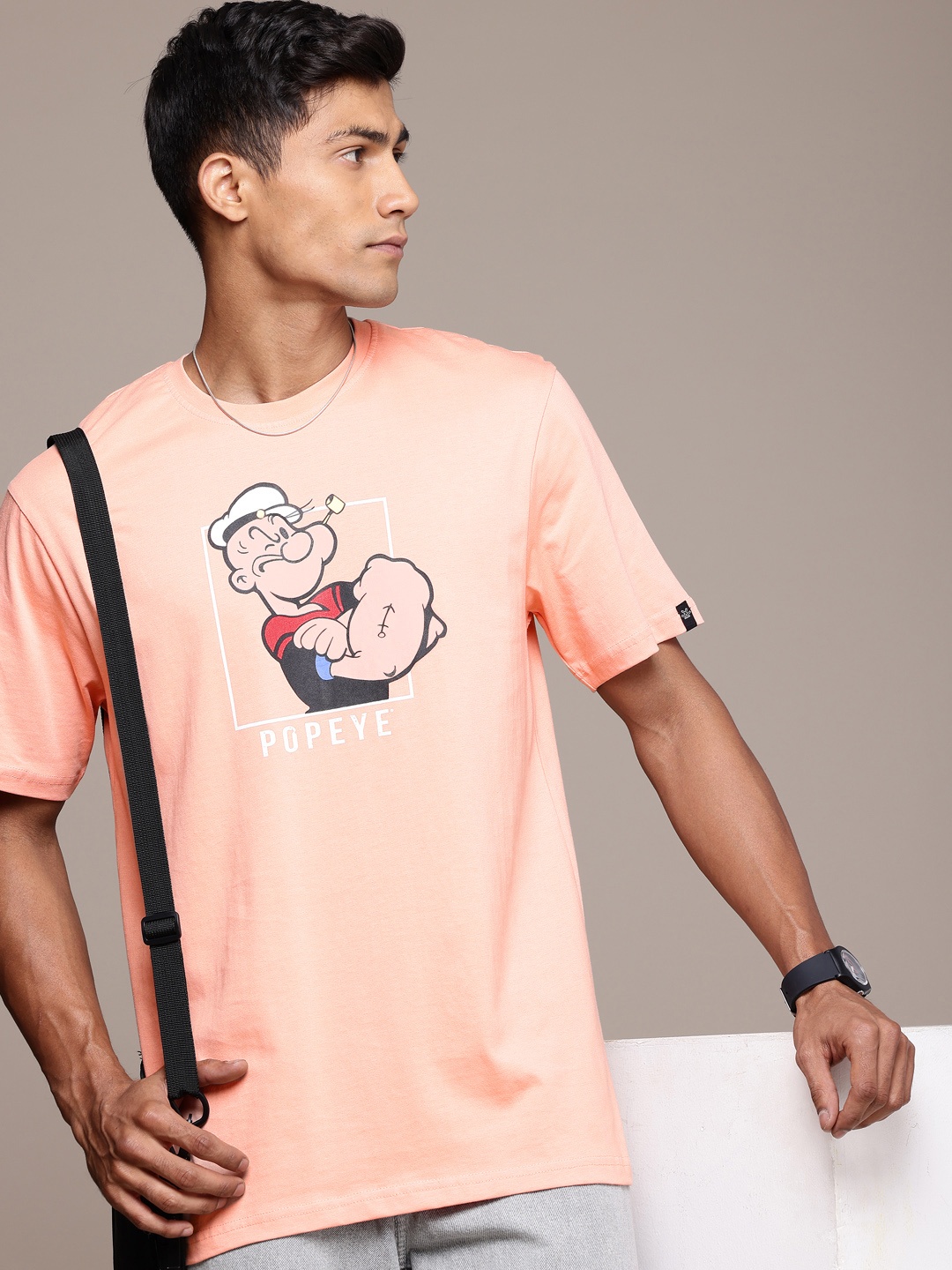 

WROGN X POPEYE Printed Comfort Fit Drop-Shoulder Sleeves Pure Cotton T-shirt, Pink