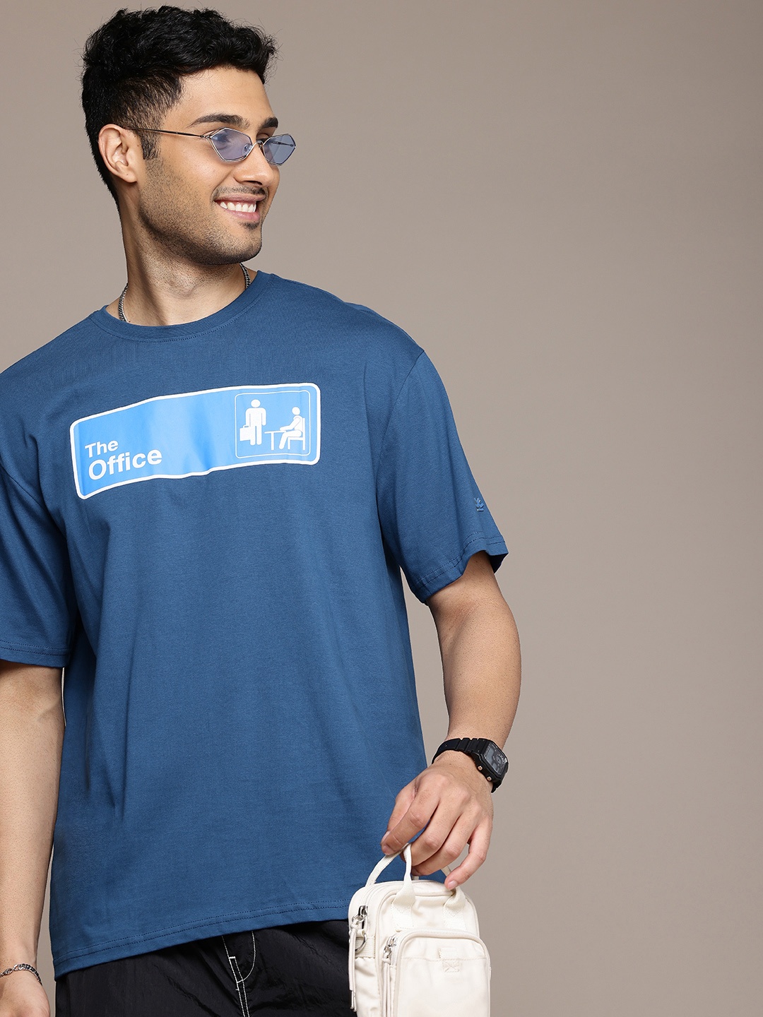 

WROGN Graphic Printed Drop-Shoulder Sleeves Pure Cotton Oversized T-shirt, Blue