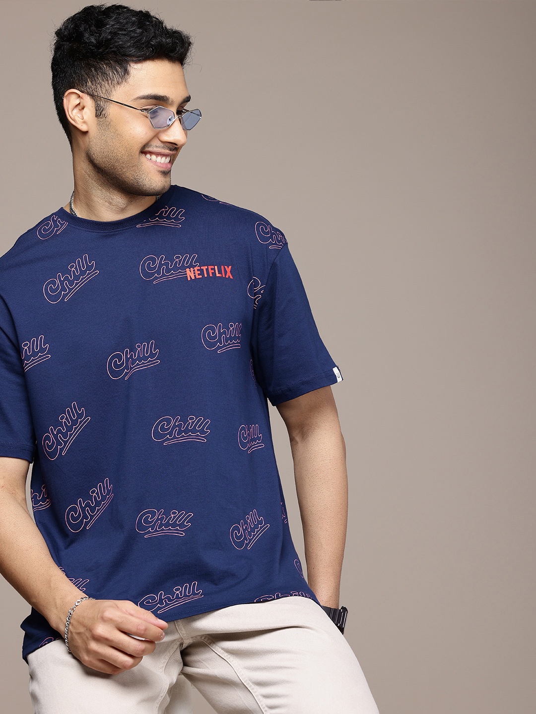 

WROGN x NETFLIX Typography Printed Oversized Pure Cotton T-shirt, Navy blue