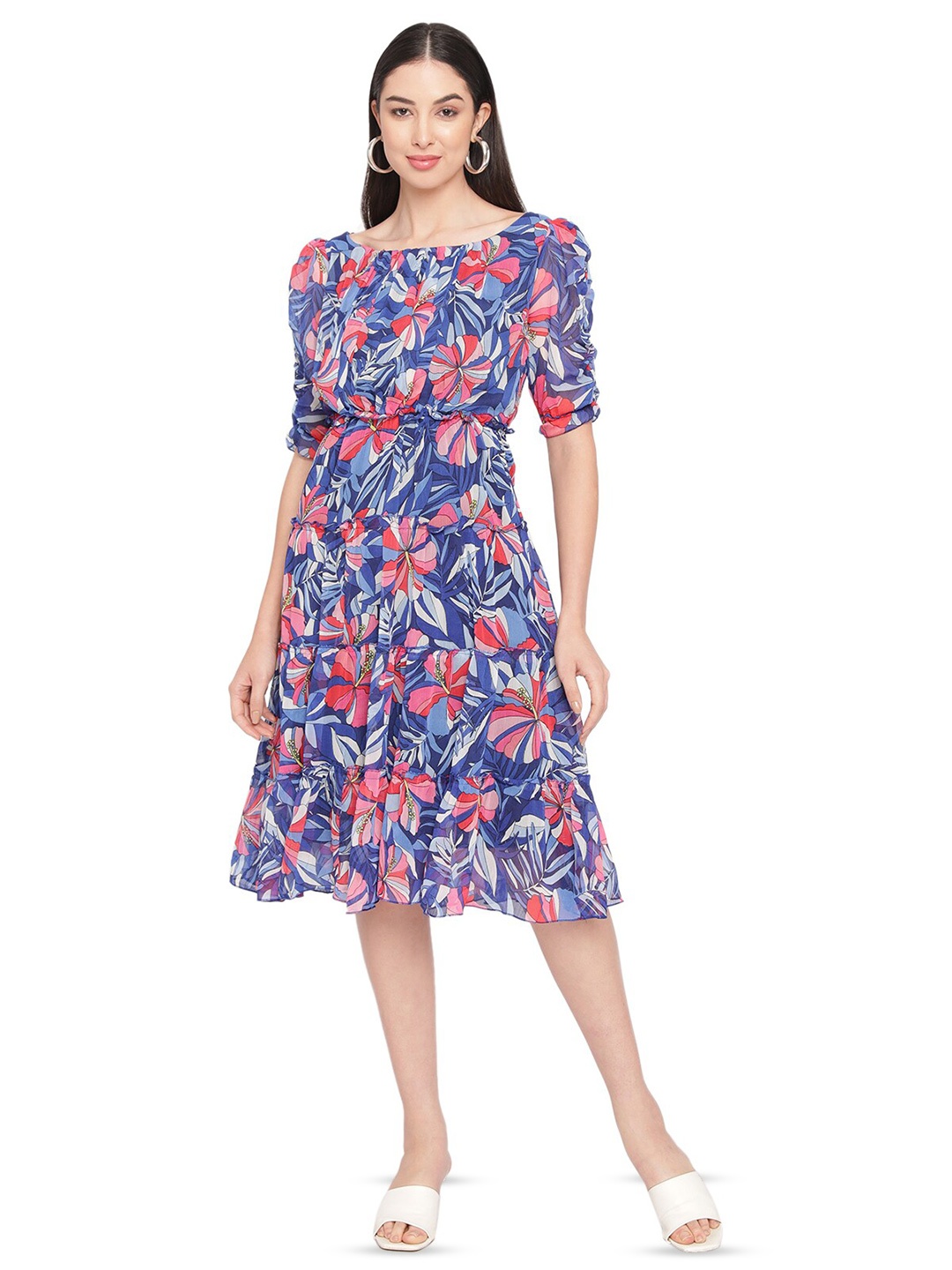 

BAESD Floral Print Ruffled Chiffon Fit & Flare Dress, Blue