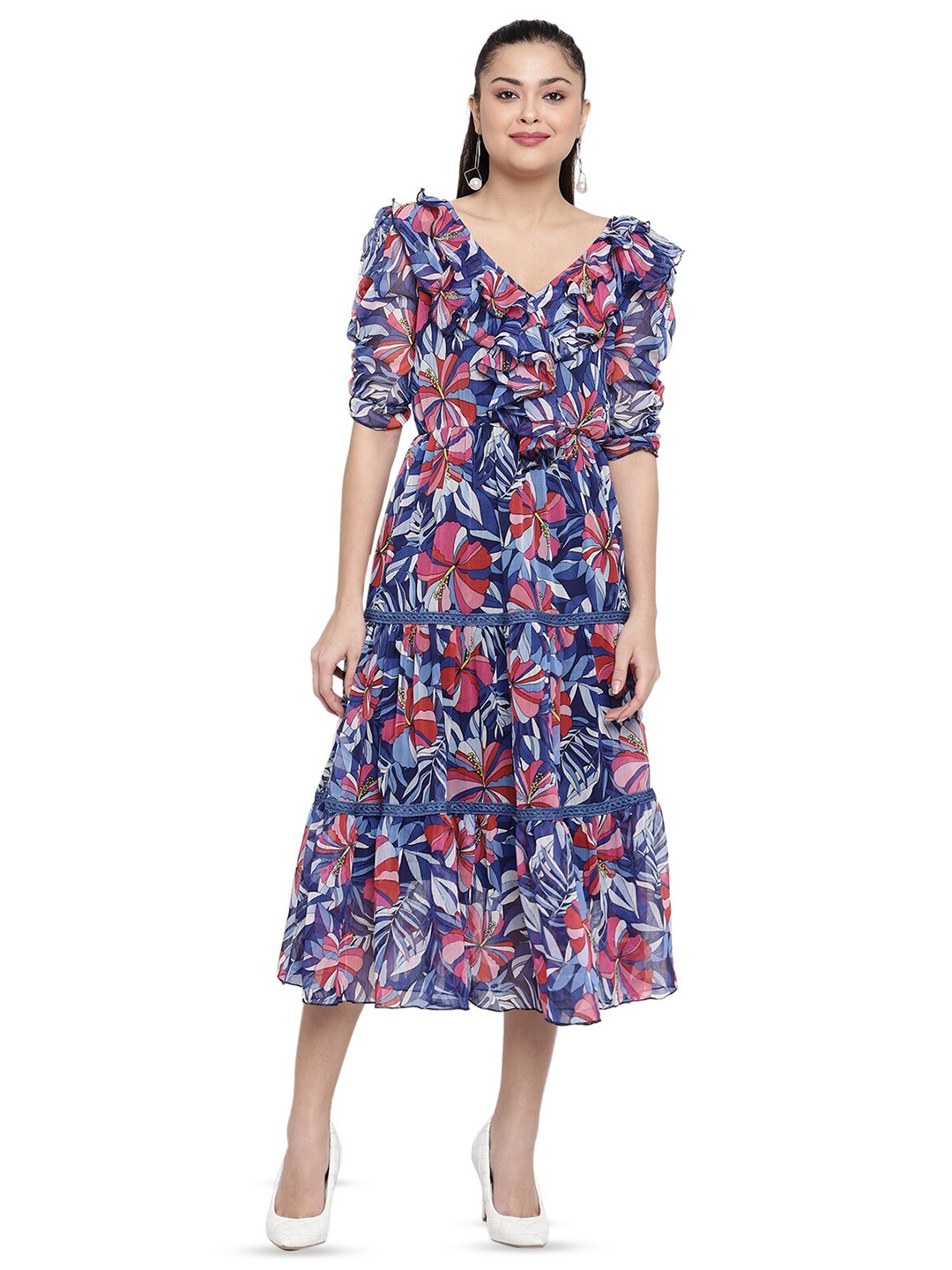 

BAESD Floral Printed Puff Sleeves Ruffles Tiered Georgette Fit & Flare Midi Dress, Blue