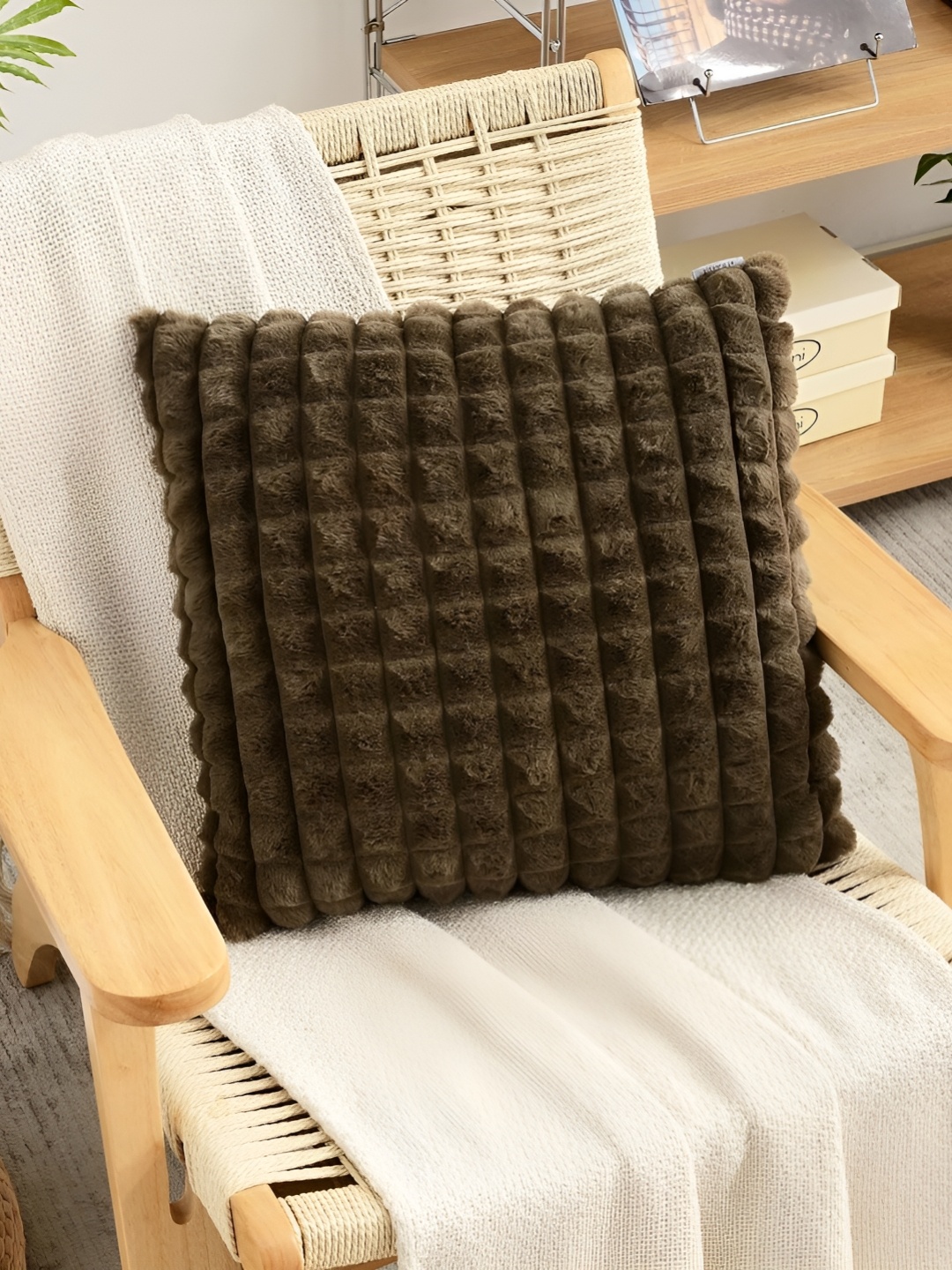 TANLOOMS Brown Checked Velvet Square Cushion Covers