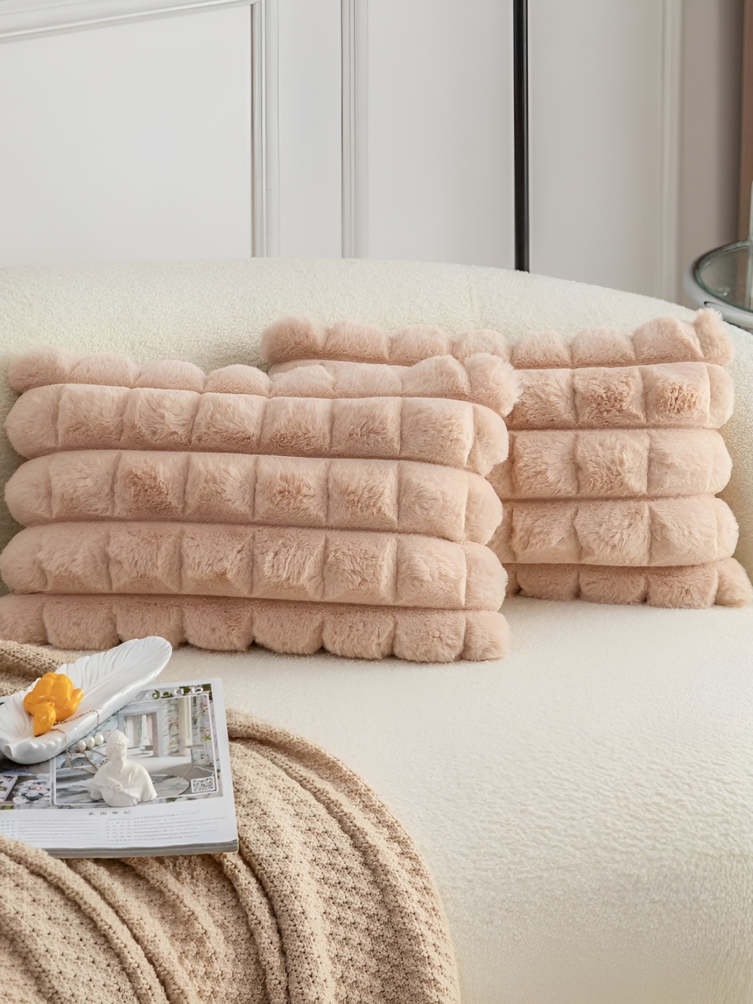 

TANLOOMS Beige 2 Pieces Checked Velvet Rectangle Cushion Covers
