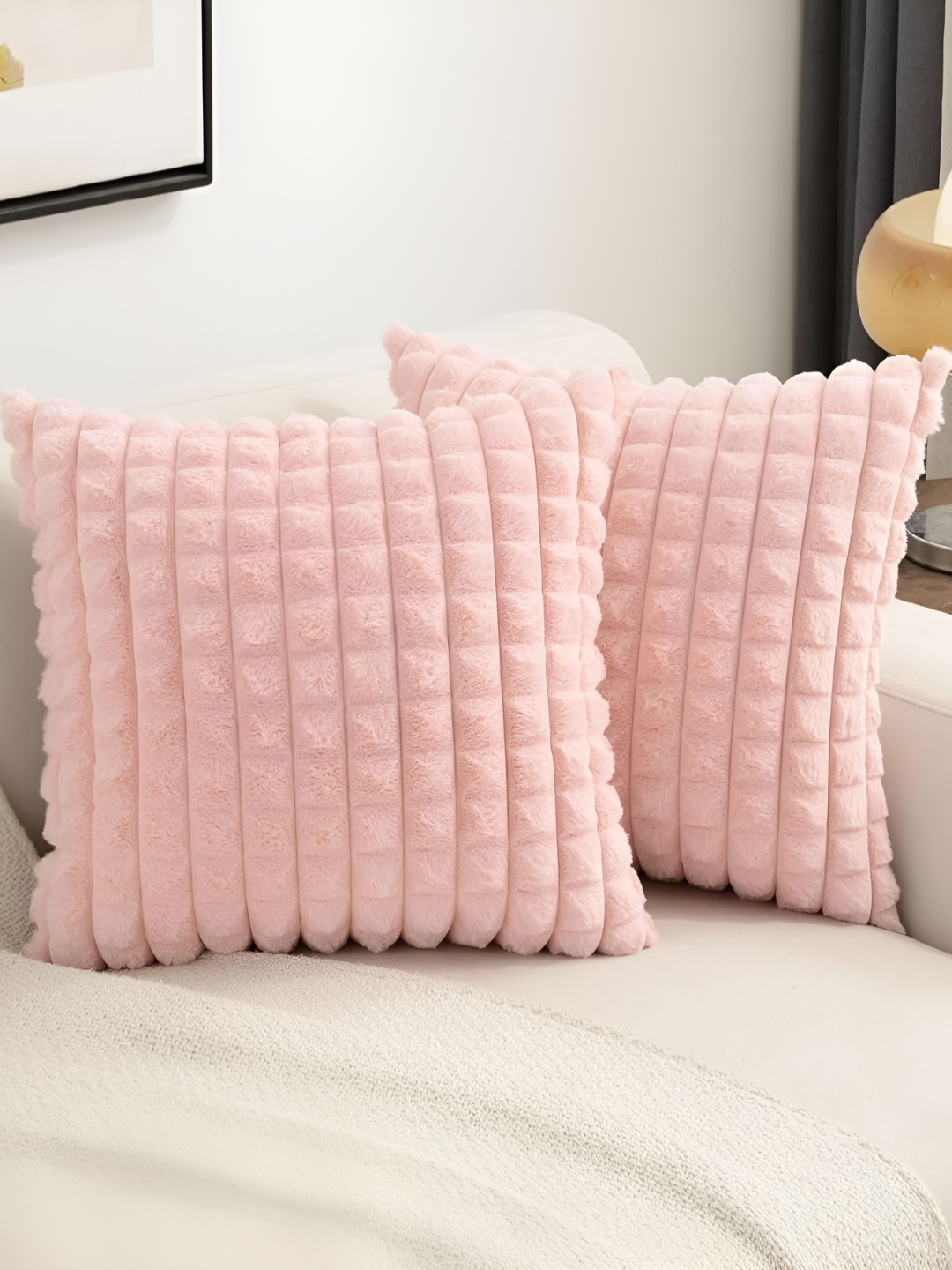 

TANLOOMS Pink 2 Pieces Checked Velvet Square Cushion Covers