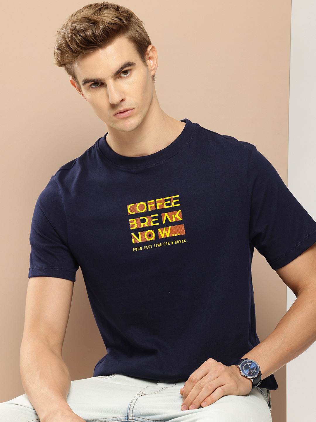 

INVICTUS Typography Printed Pure Cotton T-shirt, Navy blue