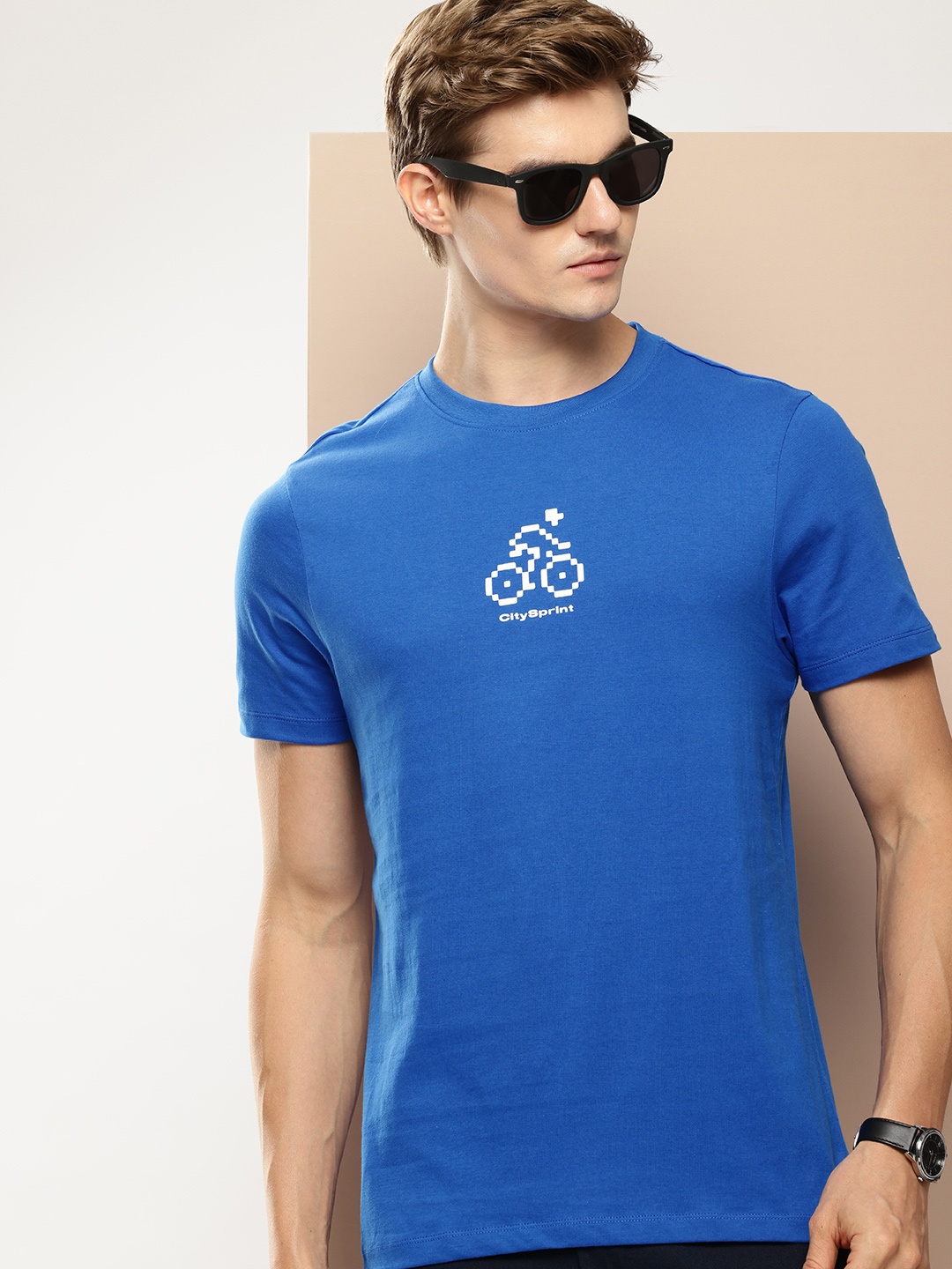 

INVICTUS Geometric Printed Pure Cotton T-Shirt, Blue