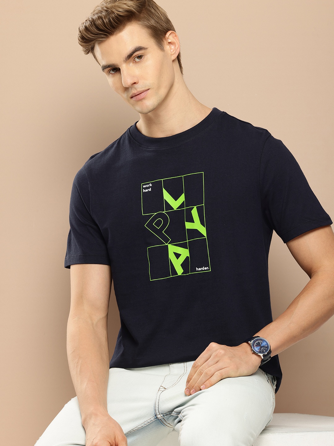 

INVICTUS Pure Cotton Typography Printed T-shirt, Navy blue