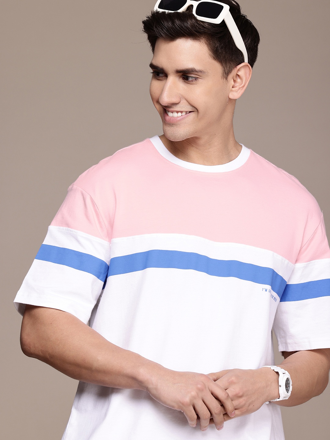 

WROGN Colourblocked Drop-Shoulder Pure Cotton Oversized T-shirt, White