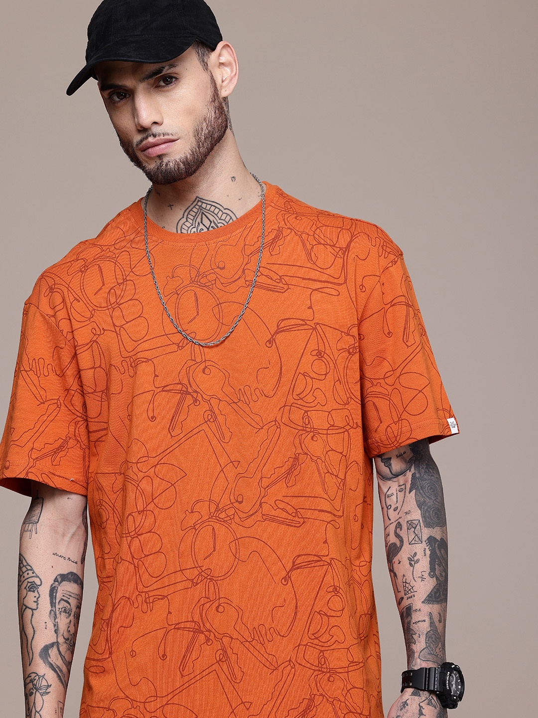 

WROGN Printed Drop-Shoulder Sleeves Pure Cotton Oversized T-shirt, Rust