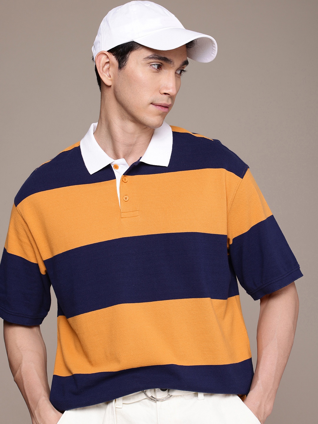 

WROGN Striped Polo Collar Drop-Shoulder Sleeves Oversized Pure Cotton T-shirt, Navy blue