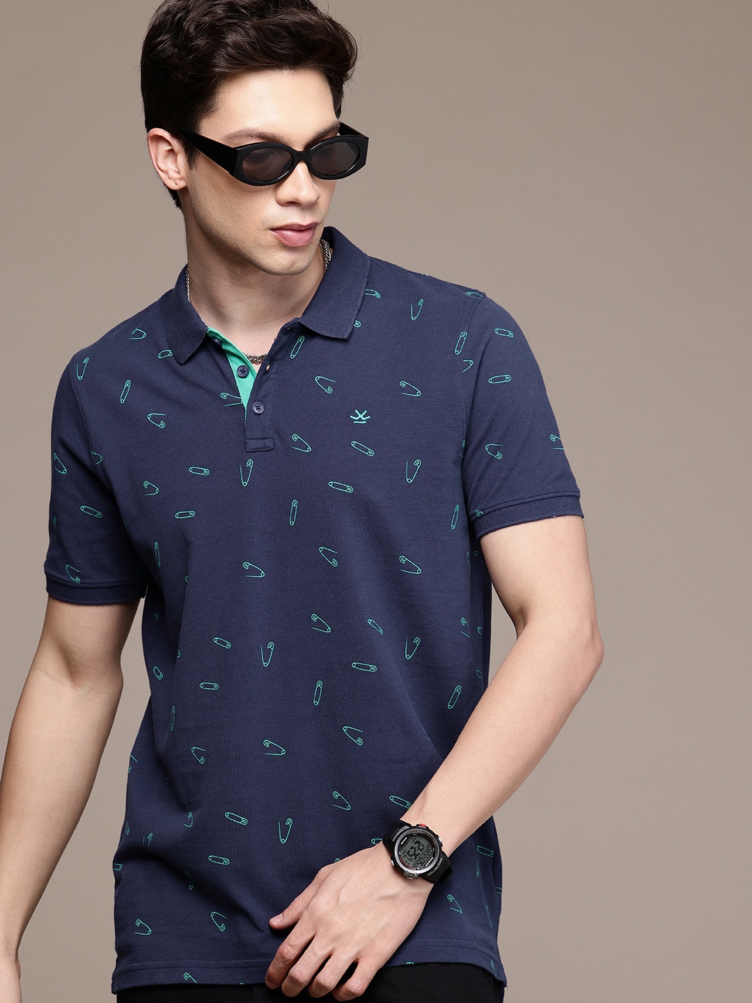 

WROGN Pure Cotton Conversational Printed Polo Collar T-shirt, Navy blue