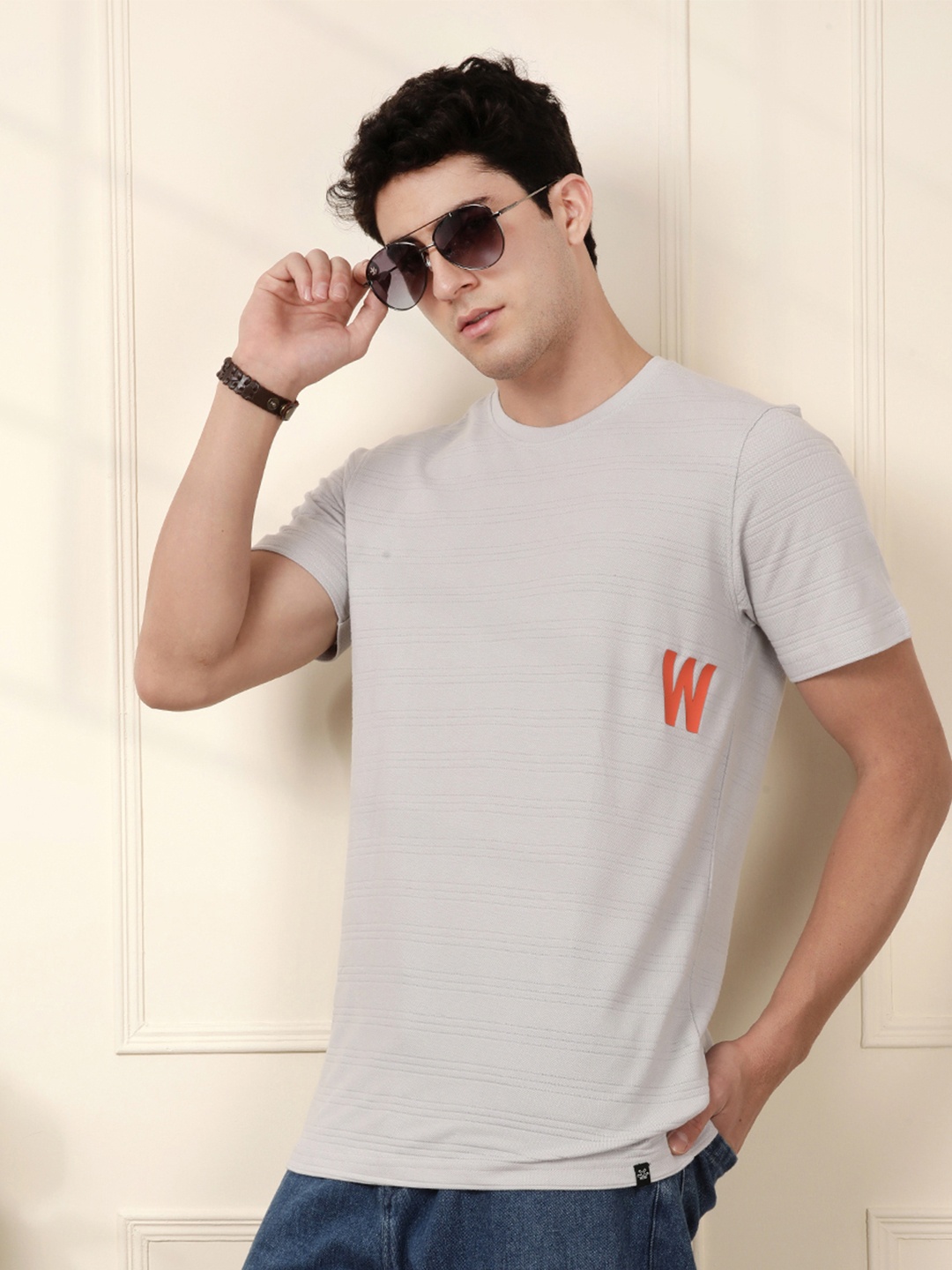 

WROGN Self Striped T-shirt, Grey