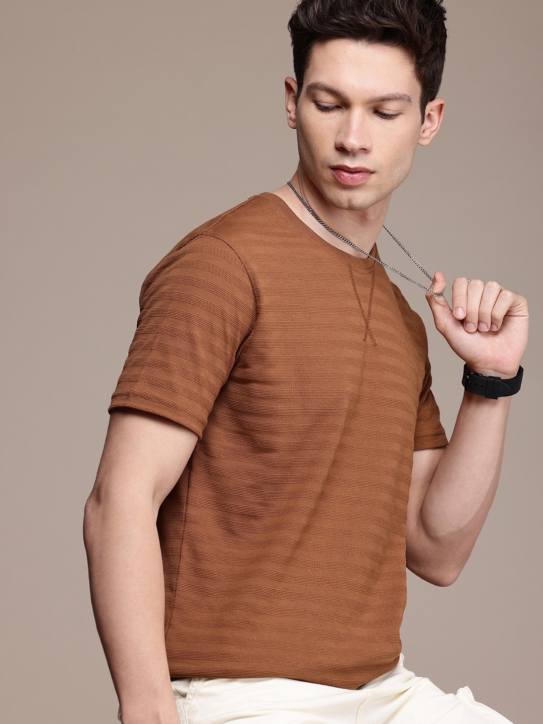 

WROGN Self Striped T-shirt, Brown