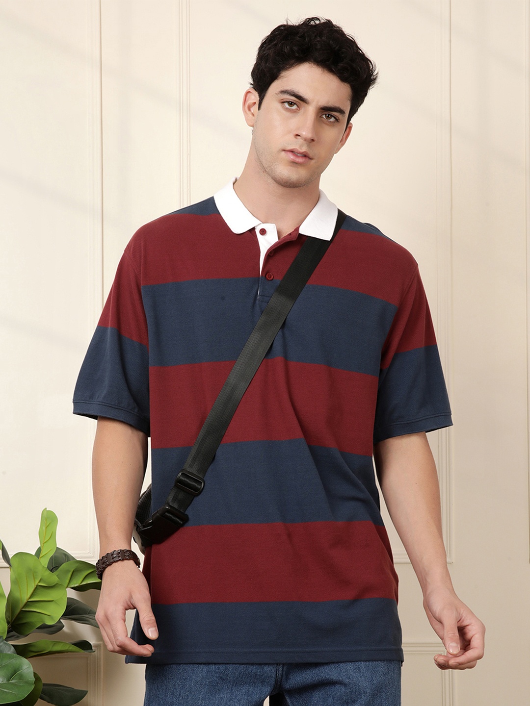

WROGN Striped Polo Collar Drop-Shoulder Sleeves Pure Cotton Oversized T-shirt, Navy blue