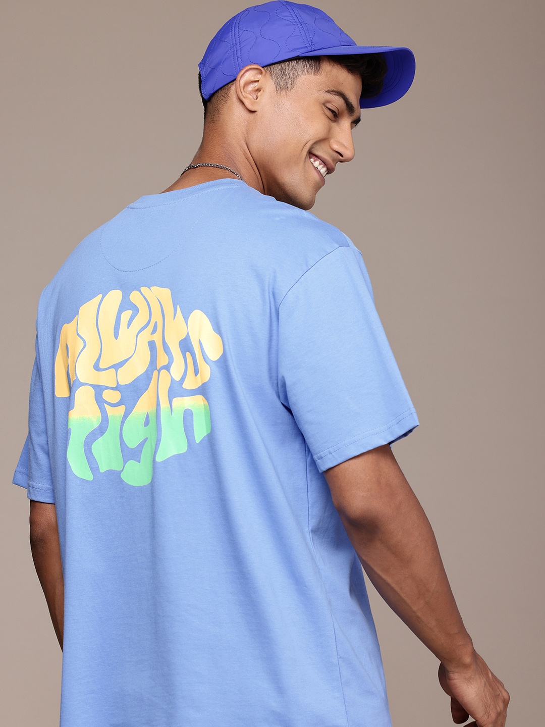 

WROGN Printed Drop-Shoulder Sleeves Pure Cotton Oversized T-shirt, Blue