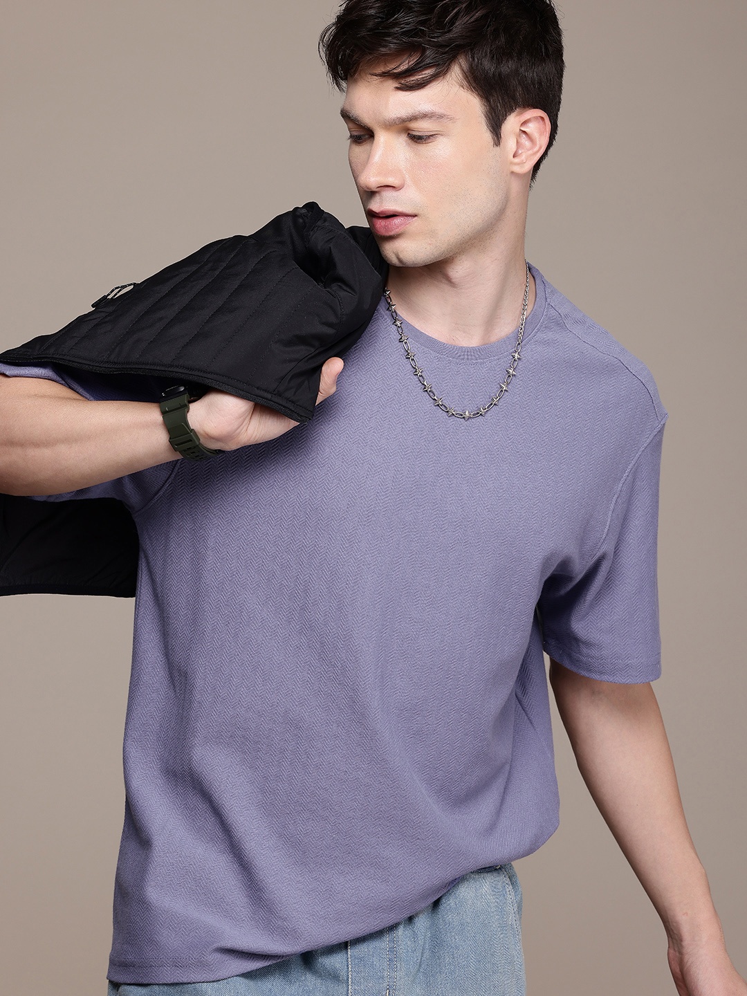 

WROGN Self Design Drop-Shoulder Sleeves Oversized T-shirt, Purple