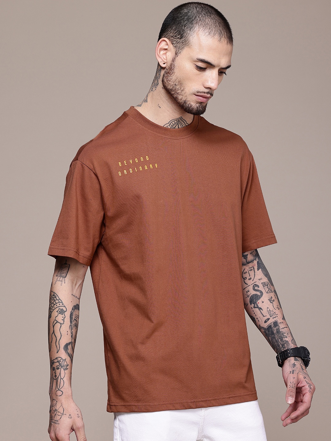 

WROGN Typography Printed Drop-Shoulder Sleeves Pure Cotton Oversized T-shirt, Brown