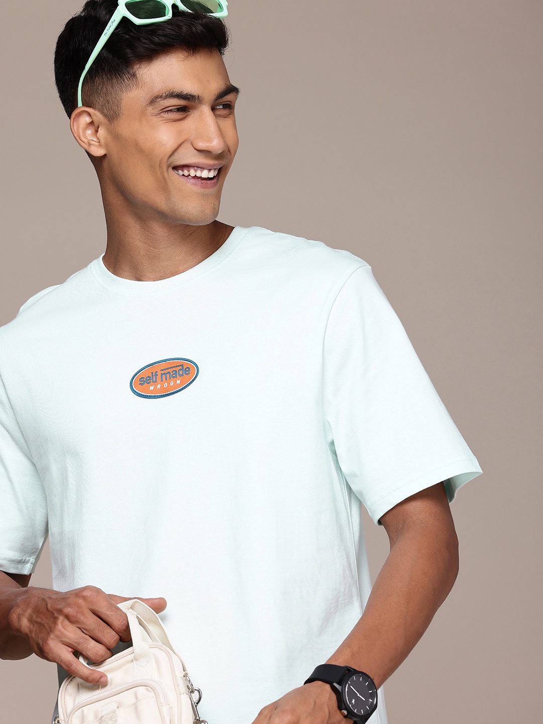 

WROGN Pure Cotton Applique Detail Comfort Fit T-shirt, Blue