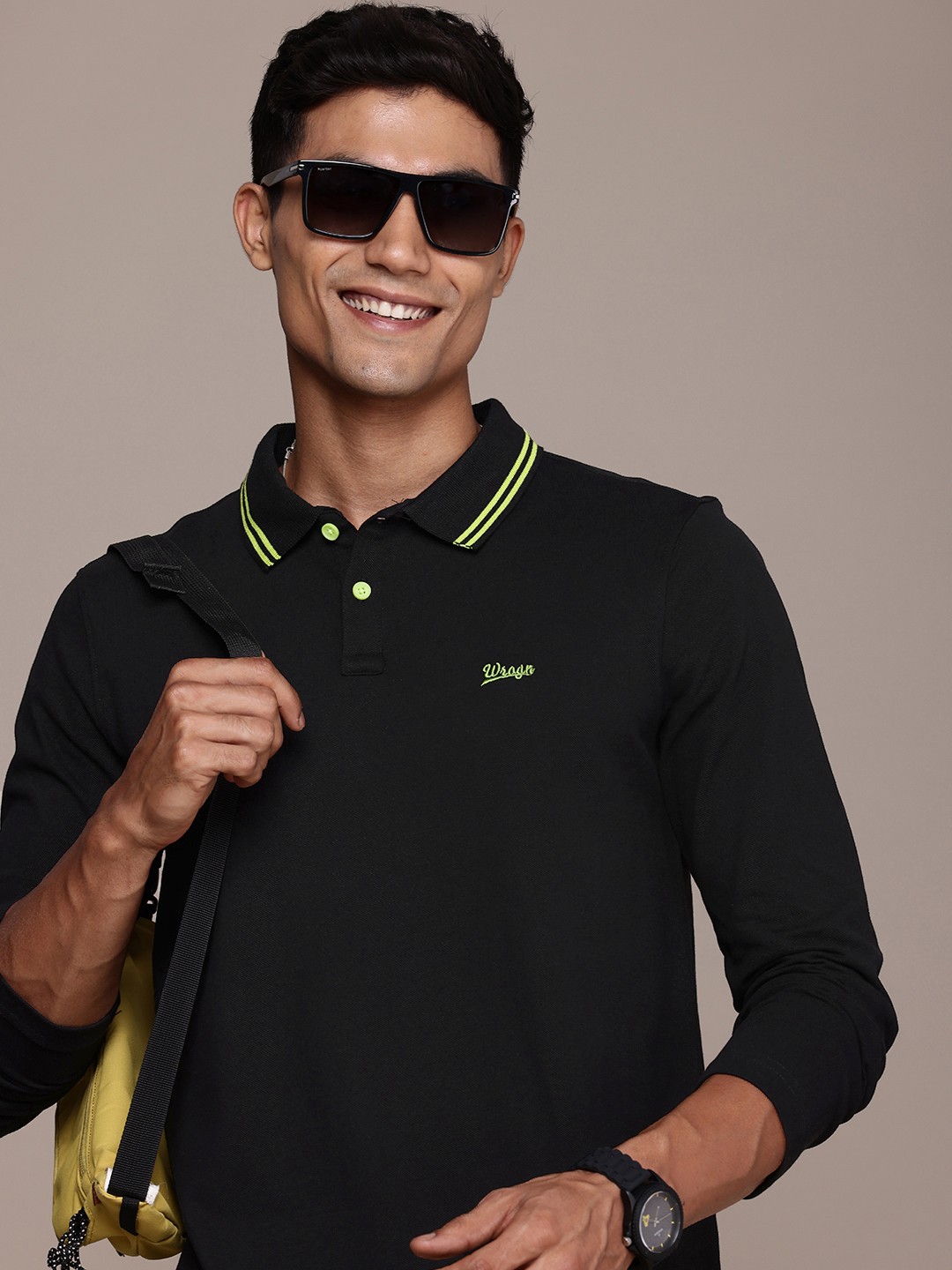 

WROGN Pure Cotton Polo Collar Long Sleeves Casual T-shirt, Black