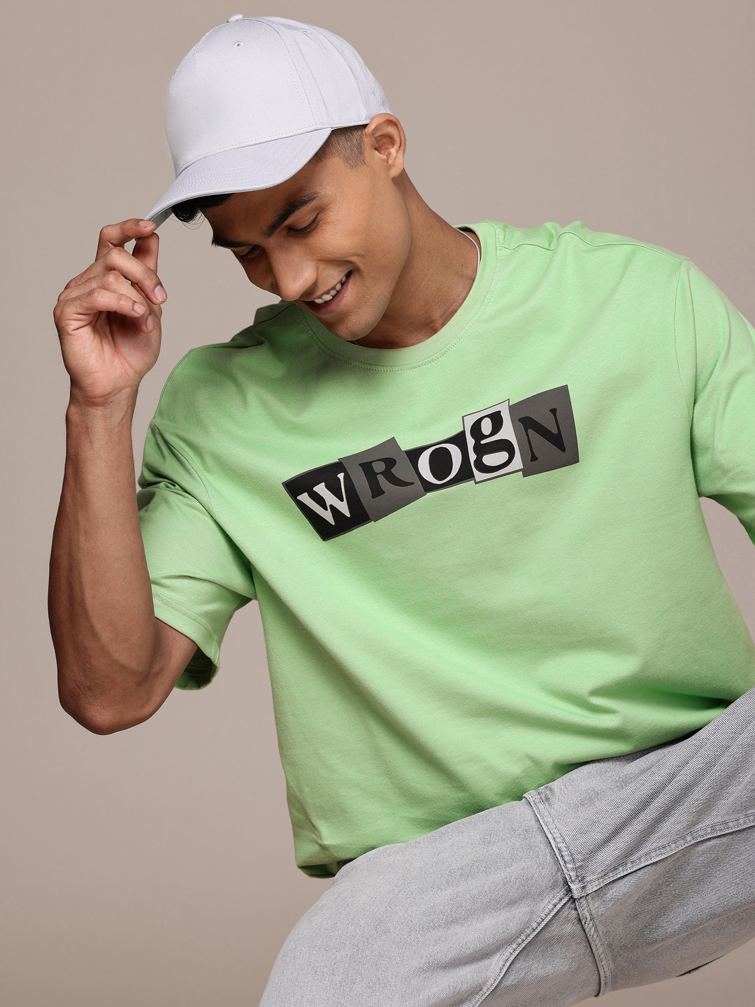 

WROGN Brand Logo Printed Drop-Shoulder Sleeves Pure Cotton Oversized T-shirt, Green