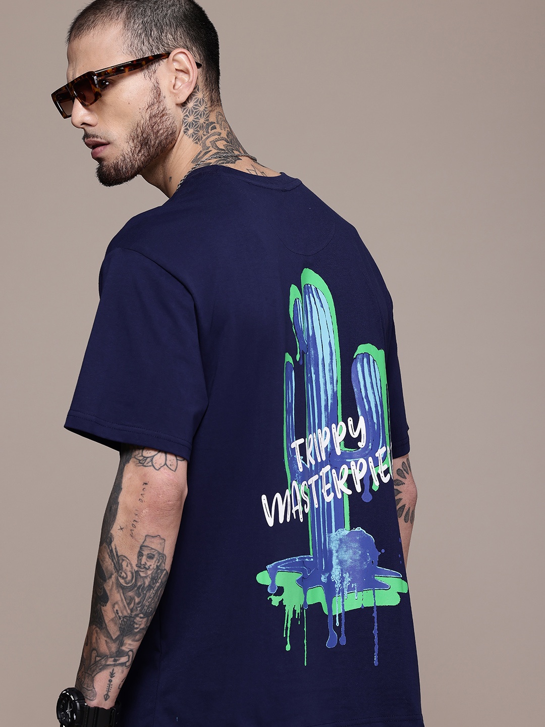 

WROGN Printed Drop-Shoulder Sleeves Pure Cotton Oversized T-shirt, Navy blue