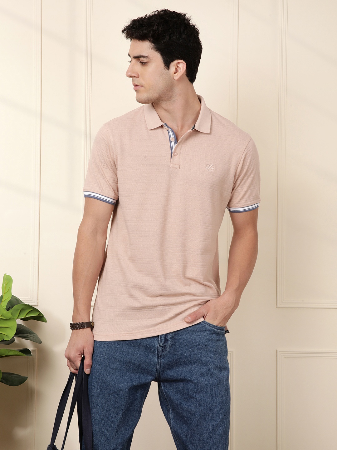

WROGN Self-Design Striped Polo Collar T-shirt, Beige