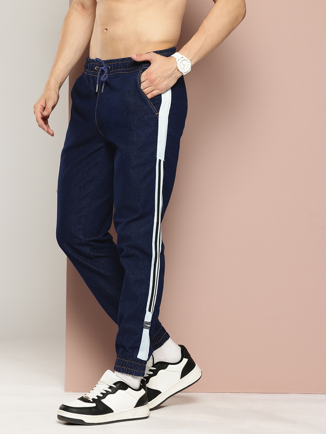 

Harvard Men Side Stripe Detail Jogger Style Jeans, Navy blue