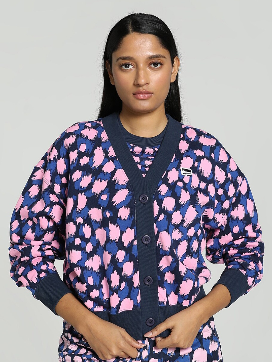 

Puma DOWNTOWN Kitten Printed Relaxed Fit Cotton Cardigan Sweater, Blue