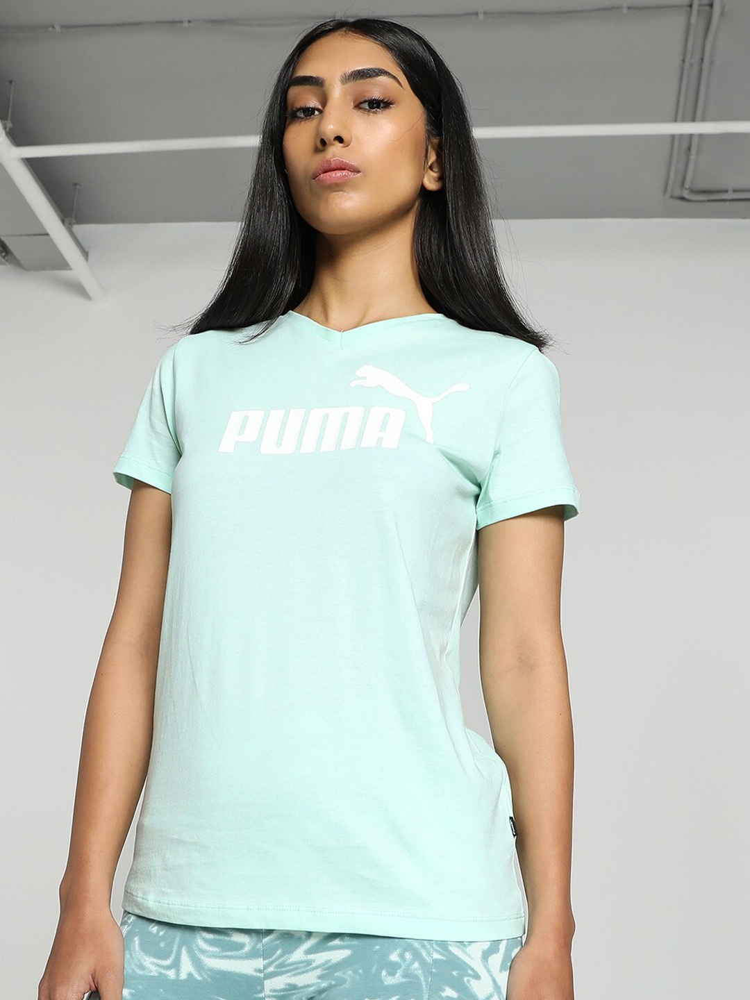 

Puma ESS V-Neck Logo Printed Regular Fit Cotton T-shirt, Green