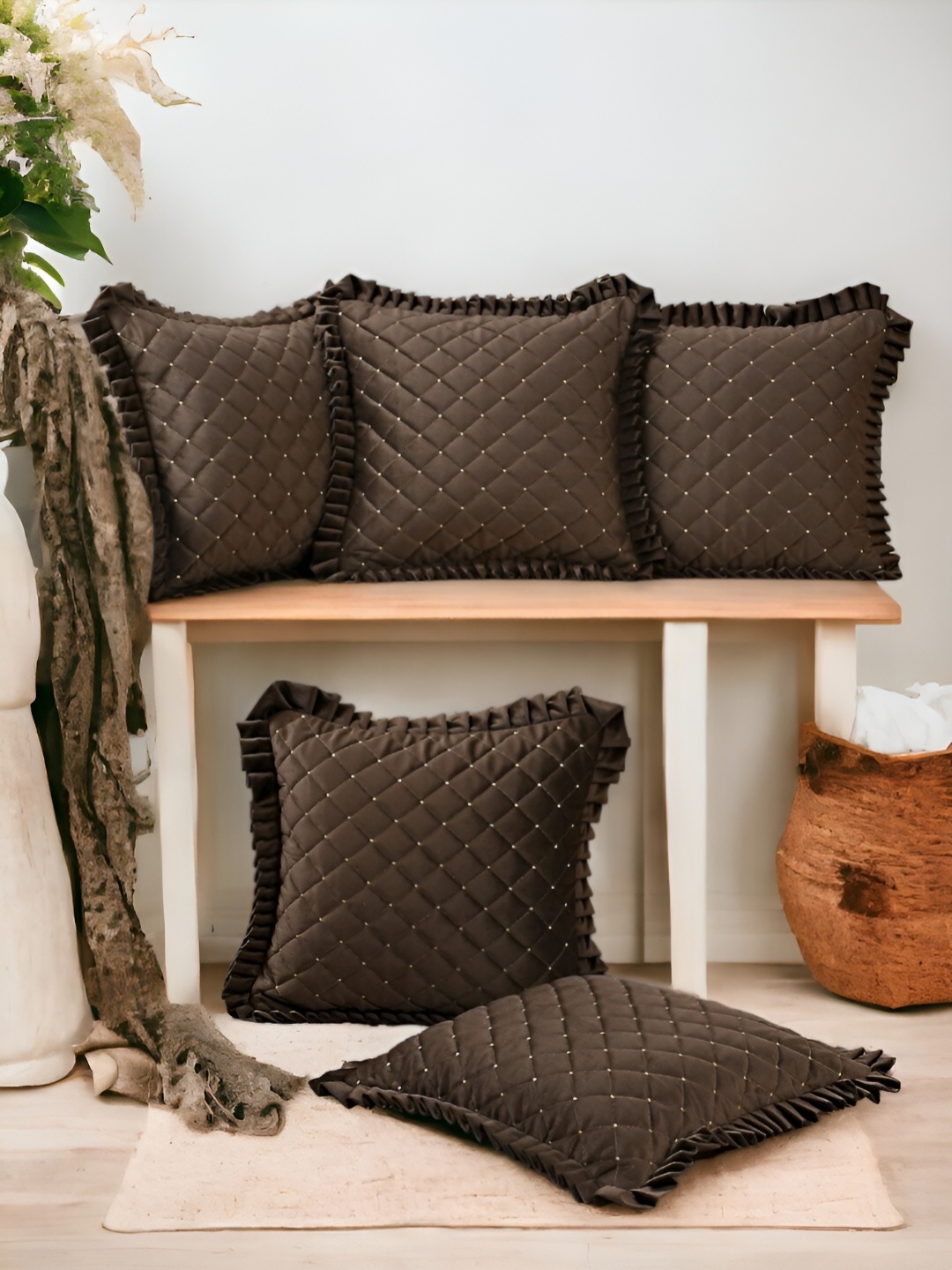 

Zikrak Exim Brown 5 Pieces Embroidered Velvet Square Cushion Covers