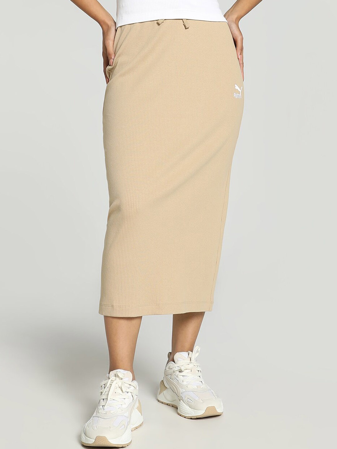 

Puma Classics Ribbed Midi Skirt, Beige