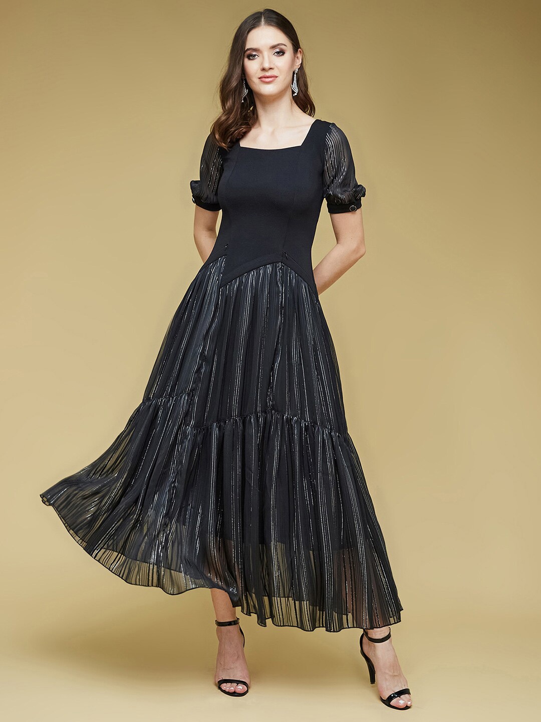 

DressBerry Solid Square Neck Puff Sleeve Asymmetric Dress, Black