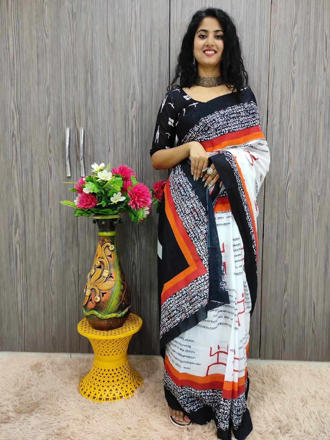

clothonus Ethnic Motifs Pure Cotton Block Print Saree, White