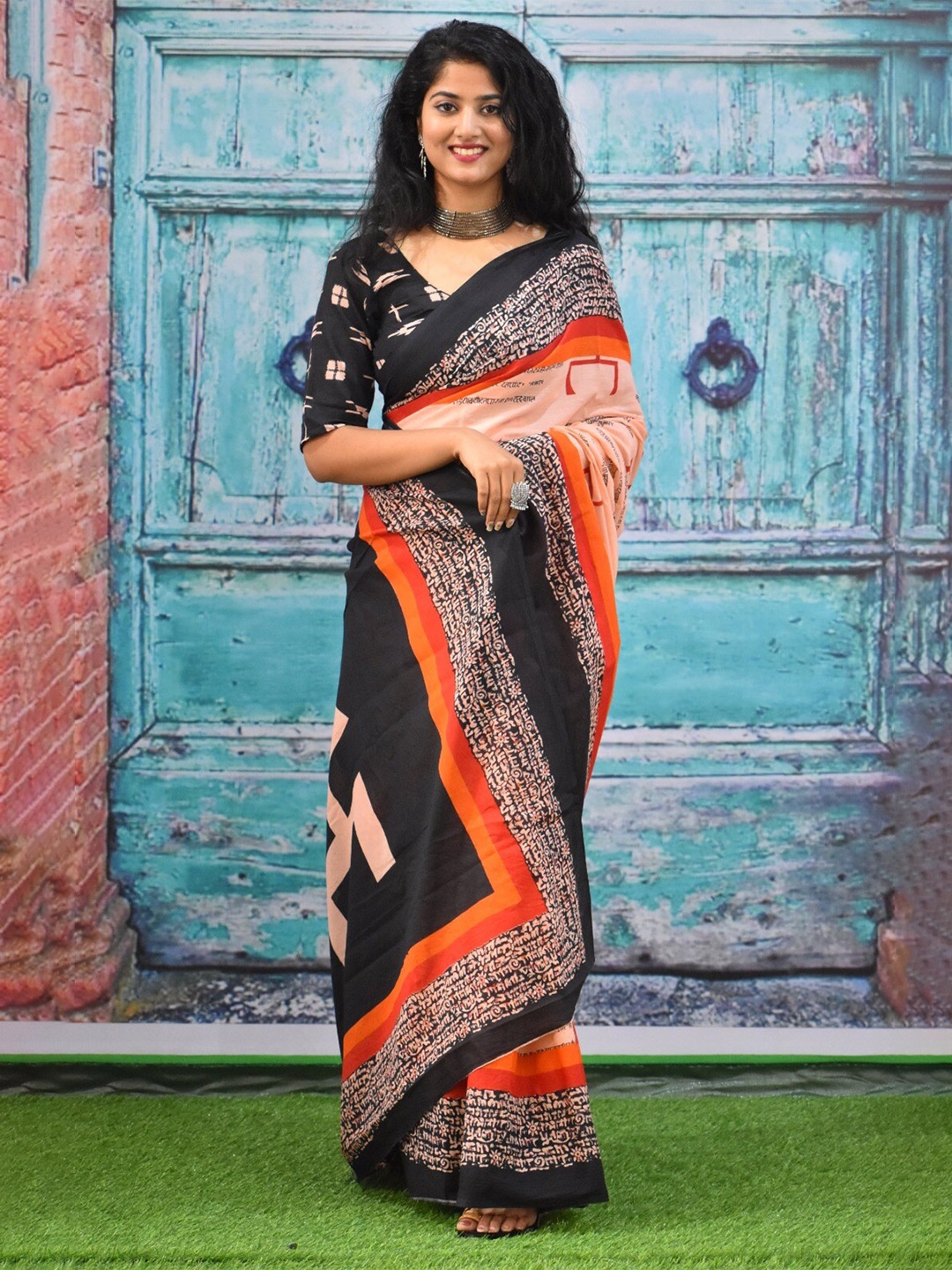 

clothonus Ethnic Motifs Pure Cotton Block Print Saree, Orange